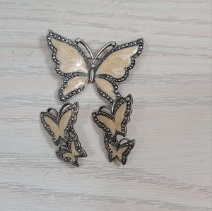 Vintage Ivory/Cream Enamel Butterfly Brooch And Earring Set